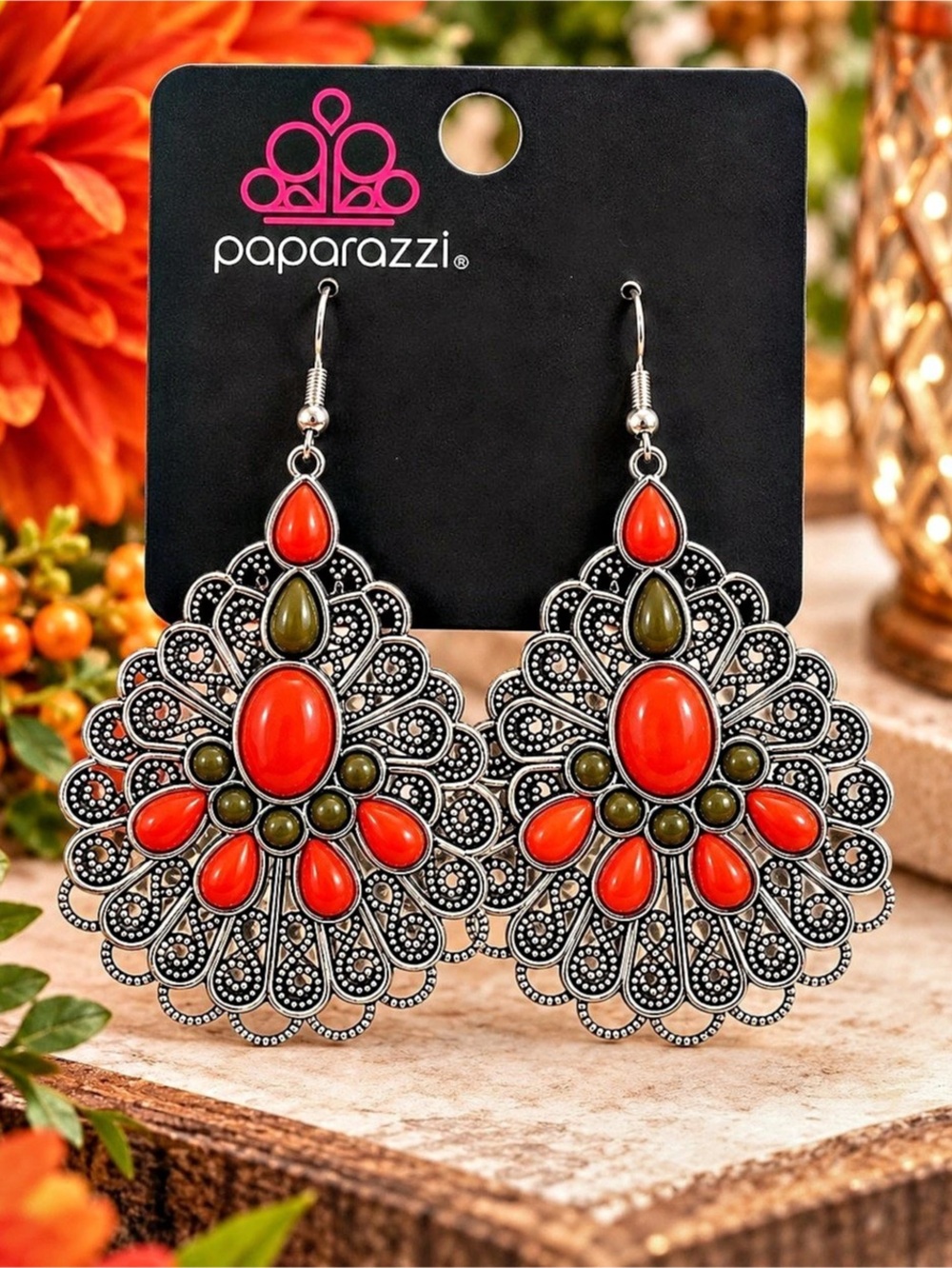 Paparazzi Filigree Statement Earrings in Dark Orange & Black